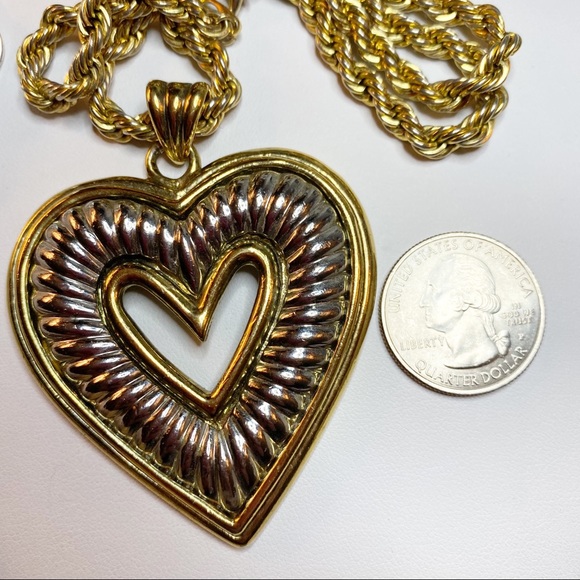 Vintage Gold/Silver Tone Chunky Heart Necklace on Gold tone Twist Chain - Picture 6 of 10